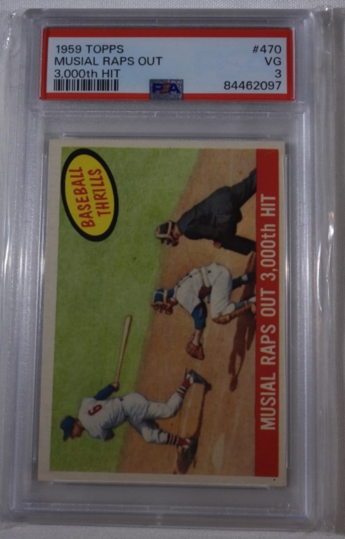 PSA 1959 TOPPS Musial Raps Out 3,000th Hit: Stan Musial, PSA 1959 TOPPS Musial Raps Out 3,000th Hit #470 VG 3 84462097