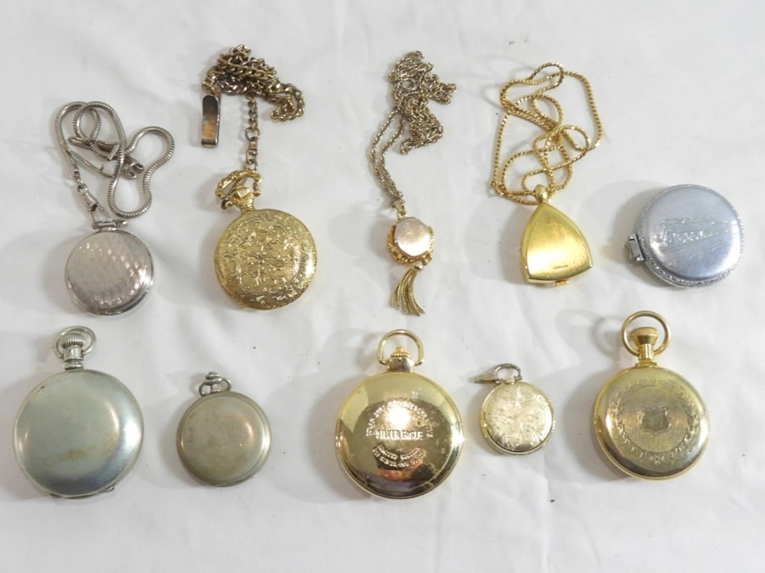 8 Pocket Watches and 2 Necklace Watches: Watches Are Not Verified, Authenticated, or Tested in Running Condition Unless Specified. Glass face is missing