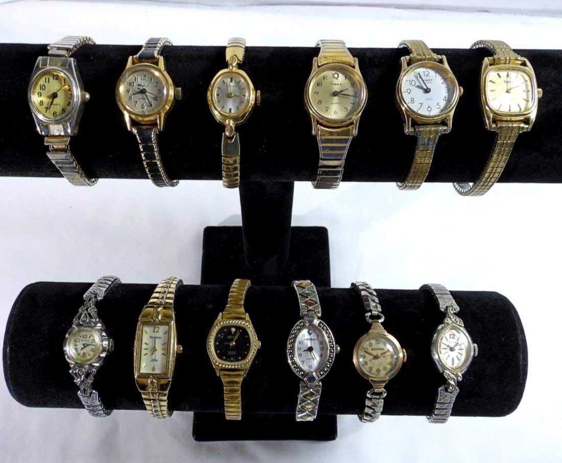 12 Women's Vintage Stretch Band Watches: Watches are not verified, authenticated, or tested in running condition unless specified, good condition, mixed tones, and brands