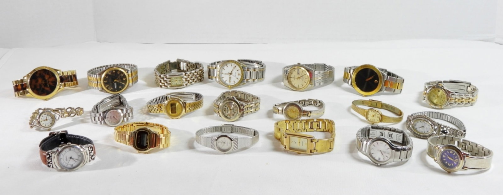 Mixed lot Of Men's And Women's Watches: Watches are not verified, authenticated, or tested in running condition unless specified. Mixed lot of men's and women's watches that have a variety of gold and silver-tones, and have a variety of bra