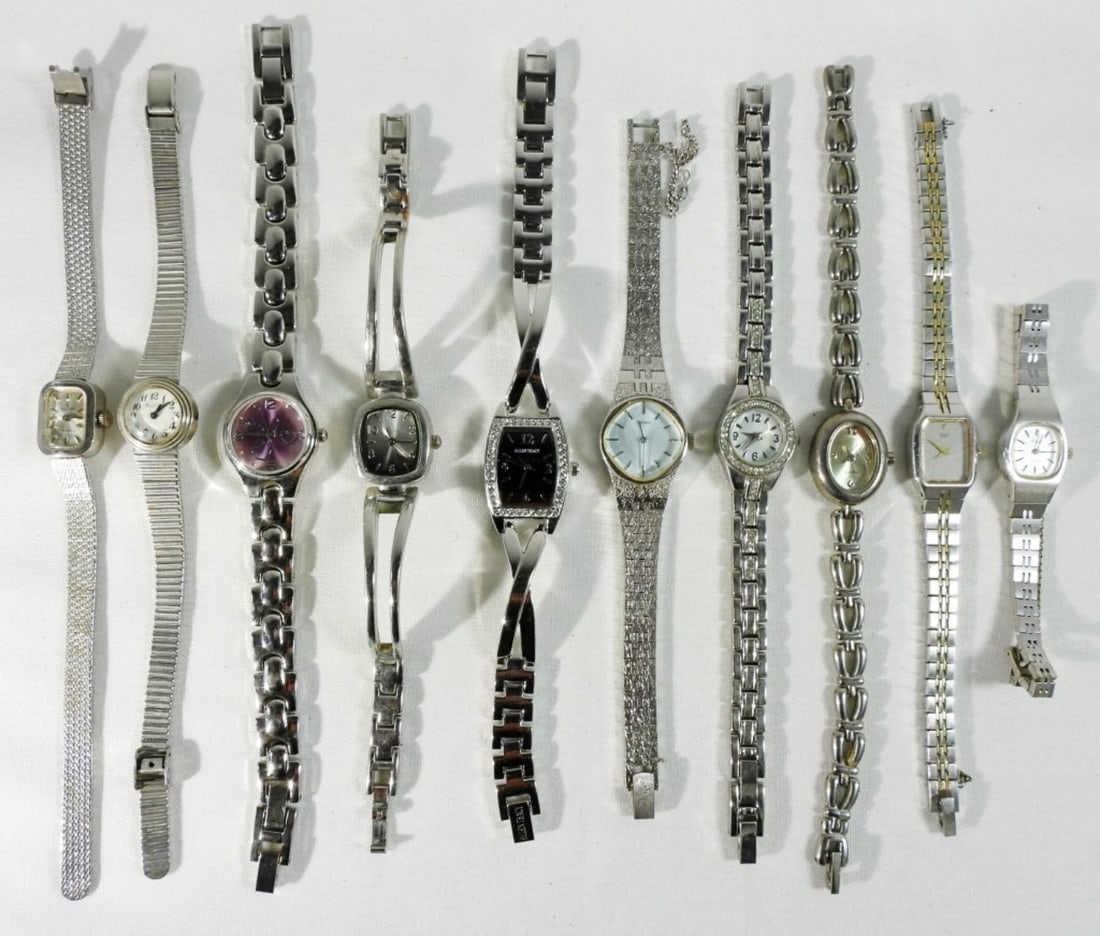 10 Women's Silver-tone Watches: Clasp bands, all different styles. Ellen Tracy, Pulsar, and Seiko are some of the brands in this lot. Watches are not verified, authenticated, or tested in running condition unless specified.