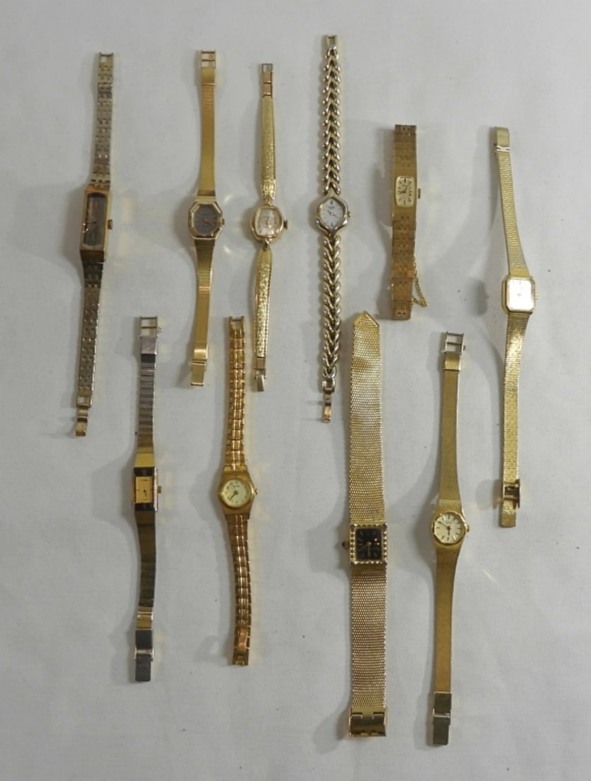 10 Ladies Gold Tones Watches: Watches Are Not Verified, Authenticated, or Tested in Running Condition Unless Specified, Band watches with various faces