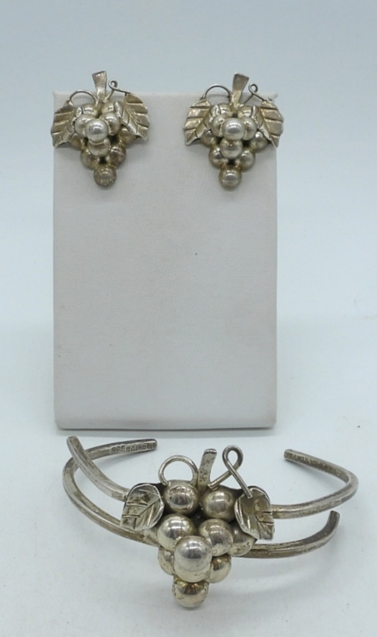 Taxco Sterling Grape Bracelet & Earrings: Sterling Taxco Grape pierced earrings and matching cuff bracelet. TM-127 & TR-120. (27.2 dwt)