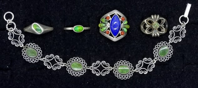 Green Turquoise Sterling Rings & Bracelet