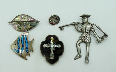 5 Abalone, Turquoise & Ruby 925 Pins