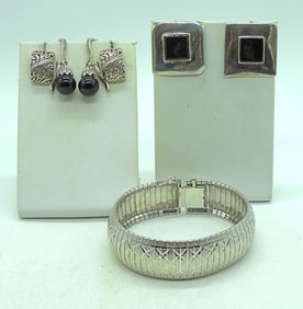 Black & Sterling Silver Earrings & Bracelet