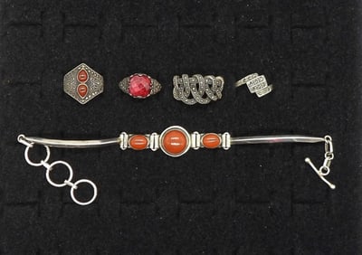 Marcasite & Red Gems 925 Rings, Bracelet