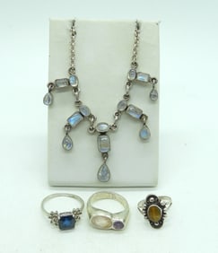 Moonstone Necklace & Gem Rings 925