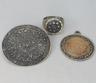 Mayan Sterling Pendant, Pin, Ring