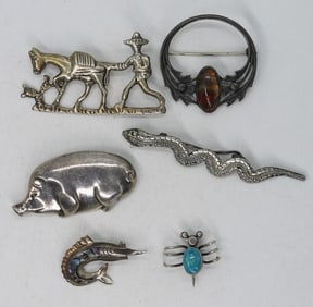 6 Sterling Animal Brooches