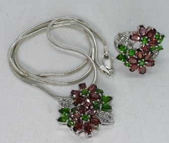 Poinsettia Sterling Necklace Ring Set