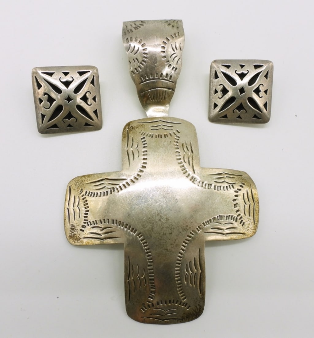 Large Taxco 925 Pendant & Earrings: Large, Taxco cross pendant, 4" x 2.5". Taxco sterling clip on earrings. (16.2 dwt)