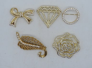 5 Gold Tone With Rhinestones Broaches