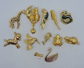 12 Gold Tone Animal Pins