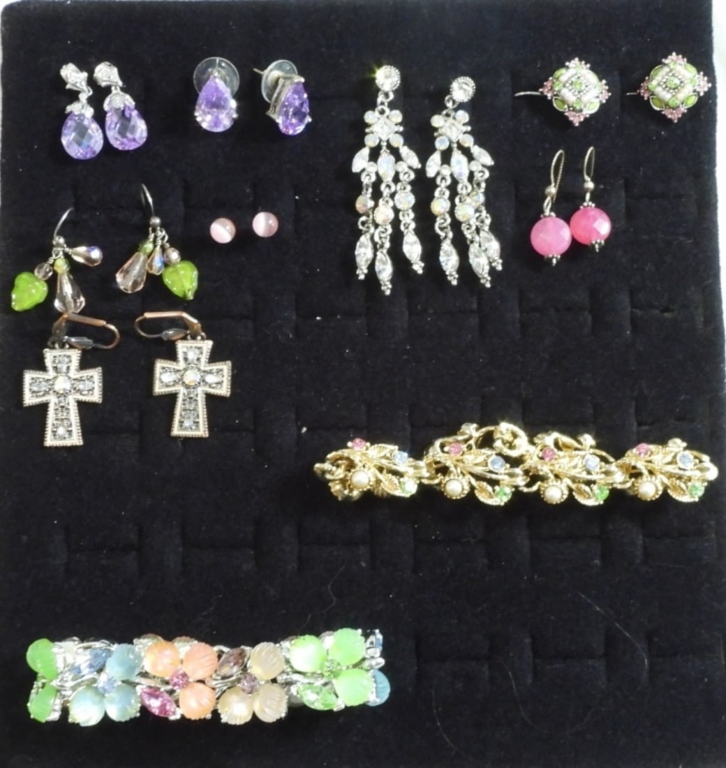 Colorful Assortment of Bracelets and Earrings: 2 jeweled bracelets, 8 Earrings