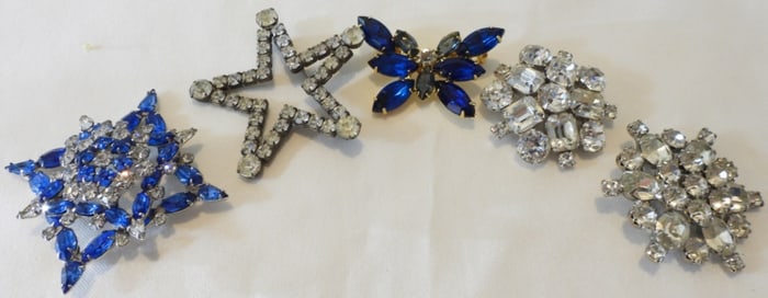 5 White & Blue Rhinestone Brooches