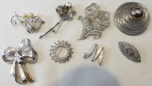 8 Silver-Tone Brooch Lot
