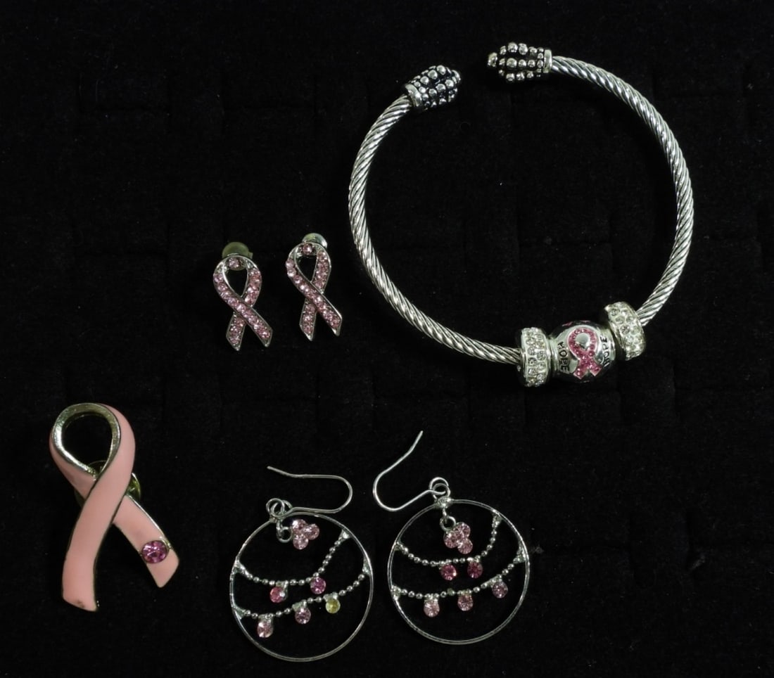 Breast Cancer Lot: Pandora style bracelet, (2) pair of earrings, and one brooch