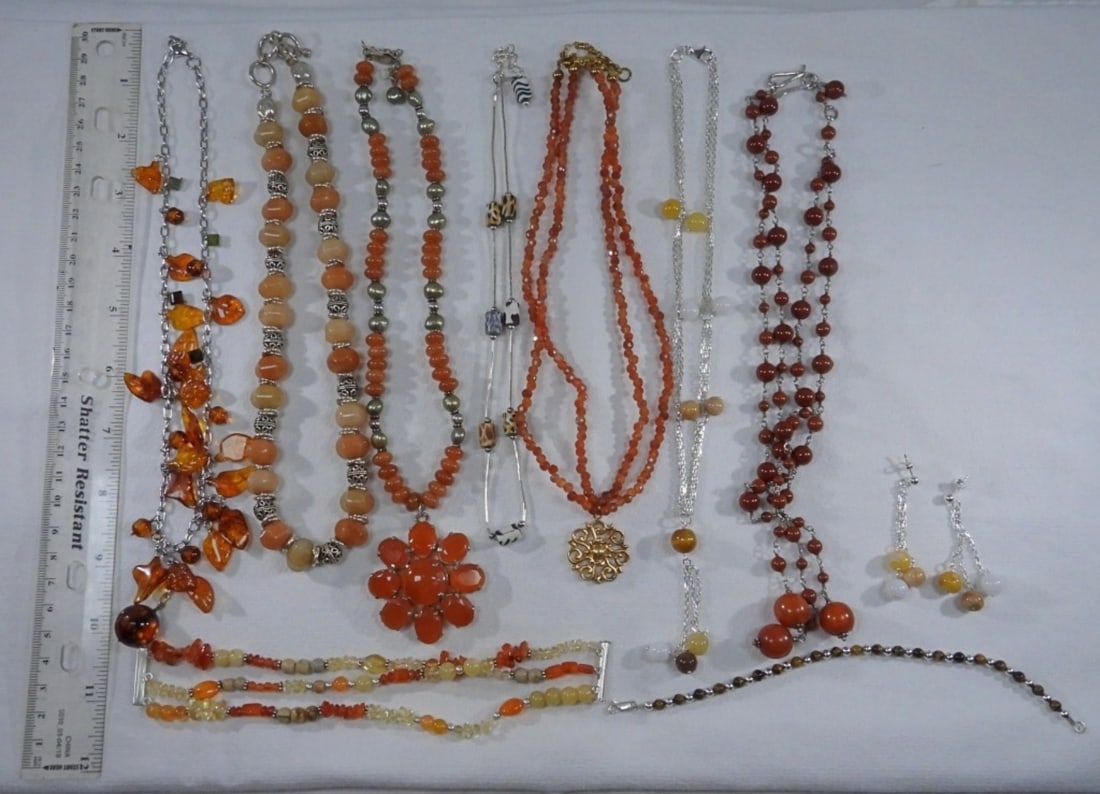 Tan and Orange Colored Jewelry Collection: 7 Necklaces, 2 Bracelets, 1 Pair of Earrings, Silver tone