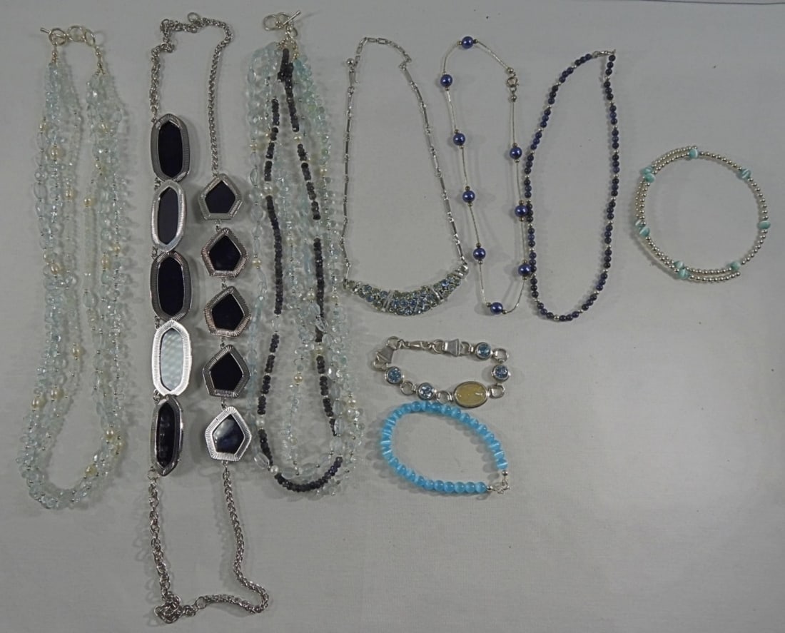 Blue Colored Jewelry Collection: 8 Necklaces, 2 Bracelets, Different shades of blue with some silver tones, lengths are from 15 1/2" to 34"