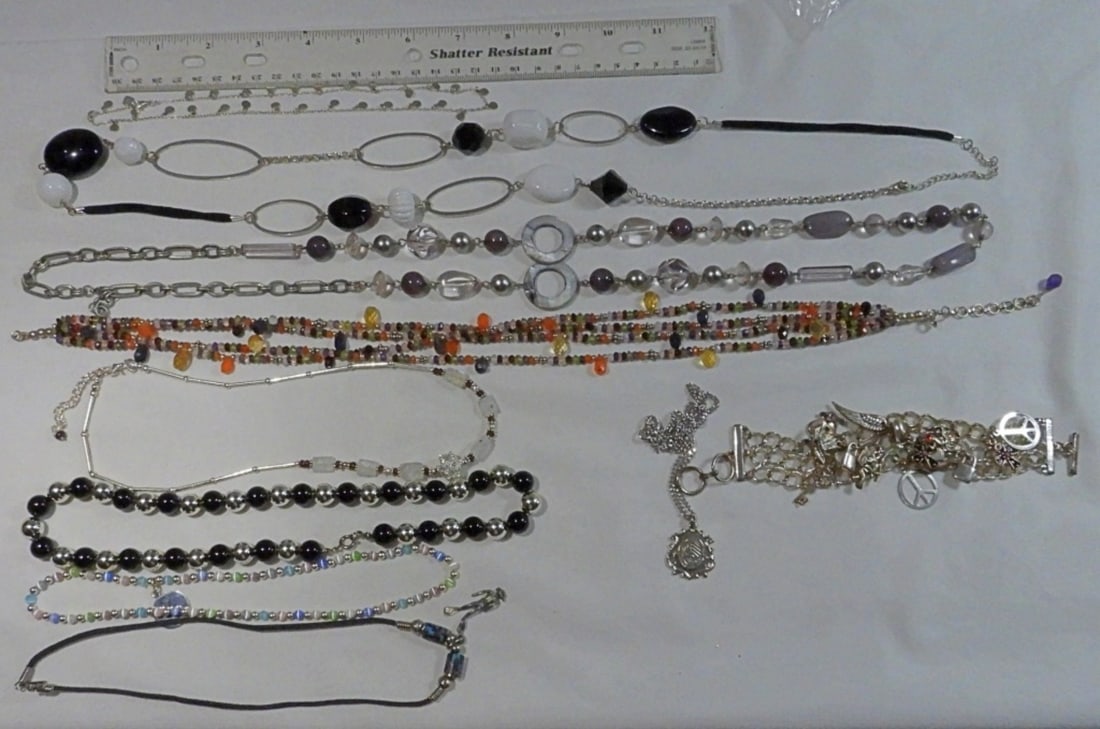 Silver Tone Jewelry Collection: 9 Necklaces, 1 Charm bracelet