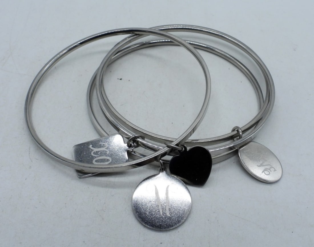 4 Stainless Steel Single Charm Bracelets: 3" diameter, love, xo, M, and a heart