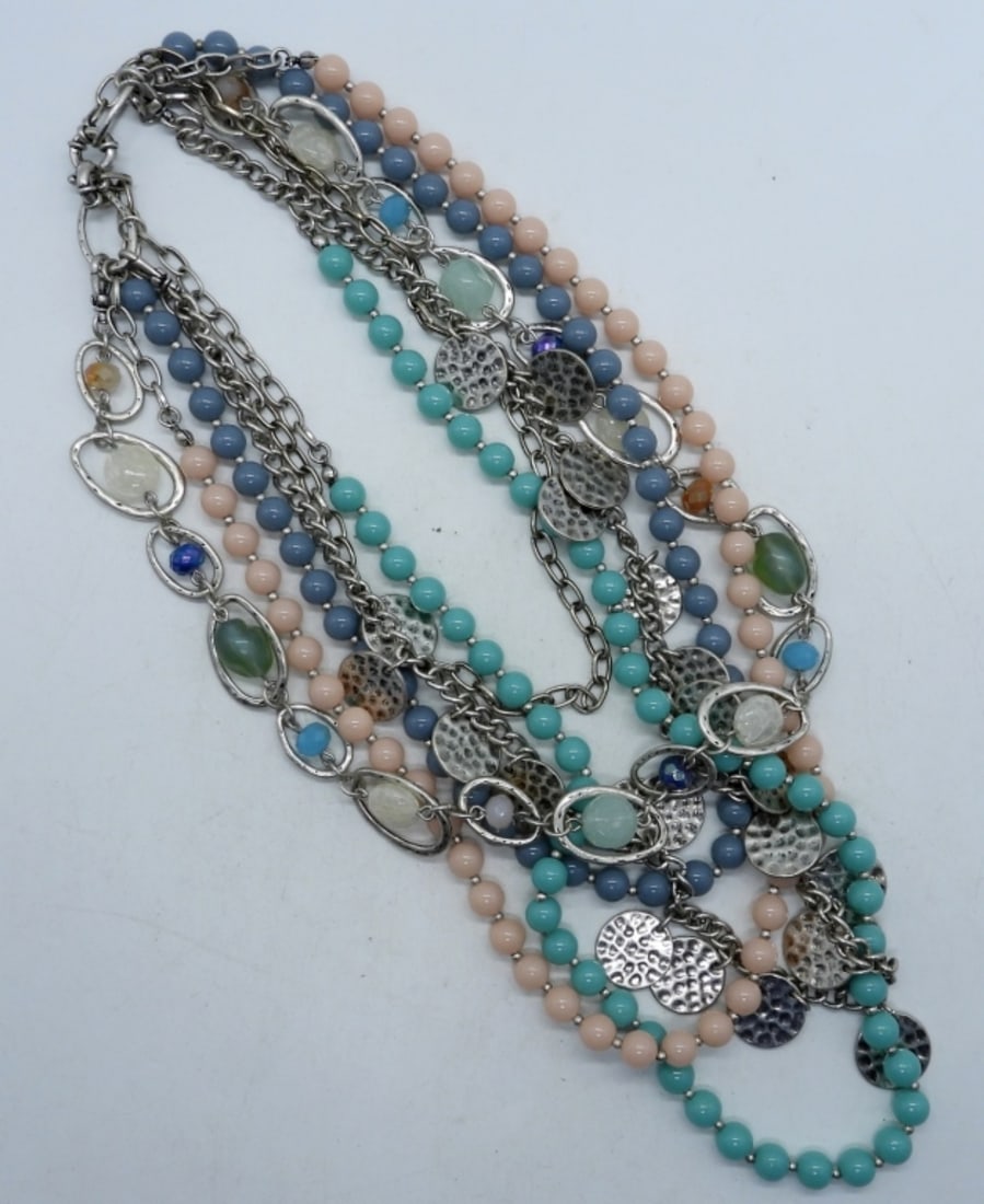Multi-Strand Beaded And Chain Necklace: different lengths, pink, blue, teal, metal chain