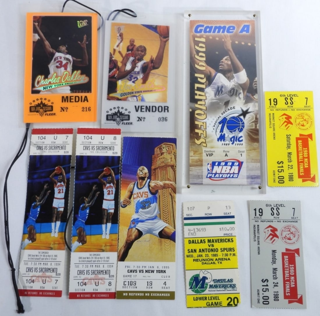 (9) Mixed Lot Of Basketball Tickets: (1) In a hard case. Game A 1999 Playoffs. Section VIP Row A Seat 1, (2) Cavs vs Sacramento Aug 9th 1985 Section 104 Row U Seats 7 and 8, (1) Cavs vs New York Jan 6th 1995 Section C109 Row 19 Seat 4, (