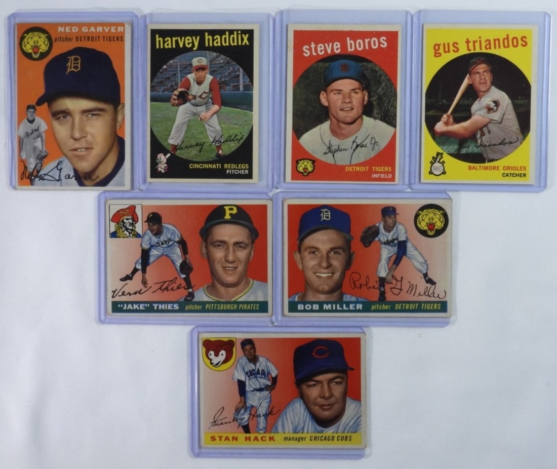 Mixed Lot Of 7 TOPPS Baseball Cards: Mixed lot of 7 TOPPS baseball cards, which includes a Harvey Haddix TOPPS #184, Steve Boros TOPPS #331, and more.