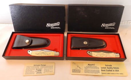 2 Schrade Scrimshaw Knives, Leather Sheaths