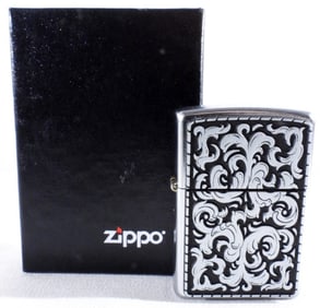 Sealed Marlboro Black Silver Storming Scroll Zippo