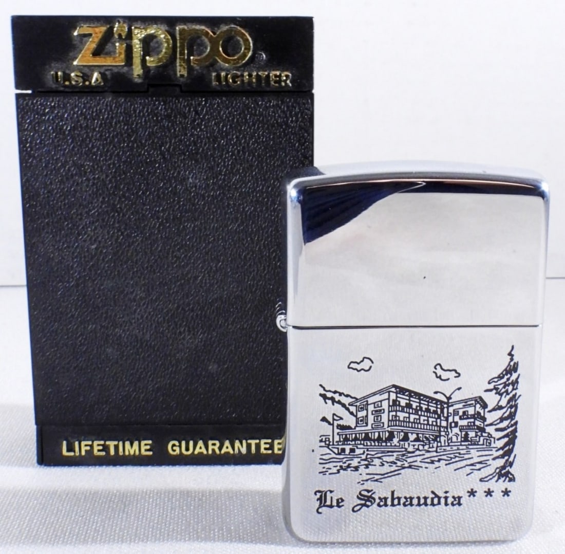 Unfired 1995 Hotel Le Sabaudia Zippo: Comes in a box, Hotel Le Sabaudia is on the front of the Zippo. Located in Savoie France