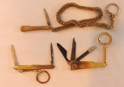 3 Gold Tone Small Pocket Knives On Keychain