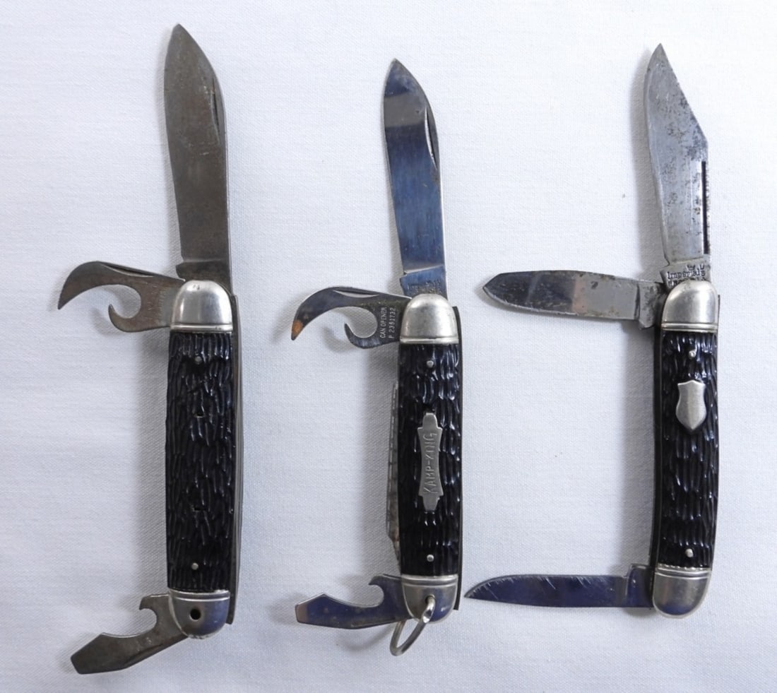 3 Imperial Black Handled Pocket Knives: each Imperial pocket knife has multiple blades, all at about 3 1/2" handles