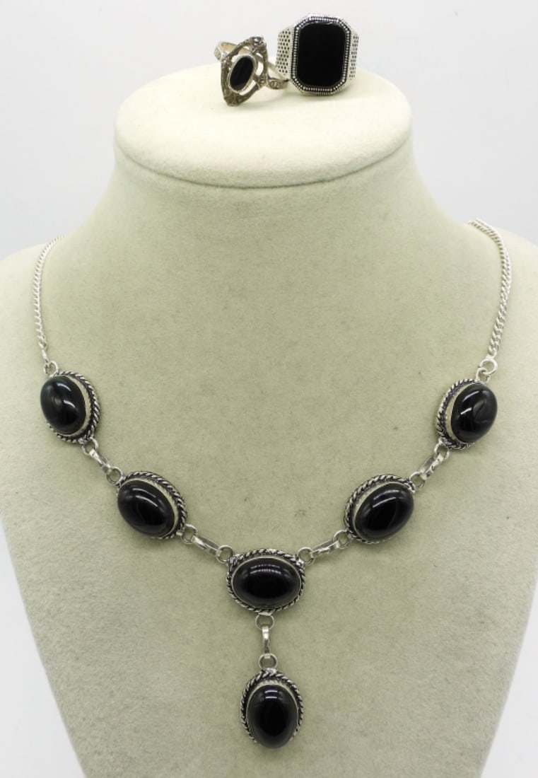 Black Onyx 925 Necklace & Rings (1 of 2)