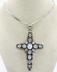 Large Sterling Moonstone Cross Necklace