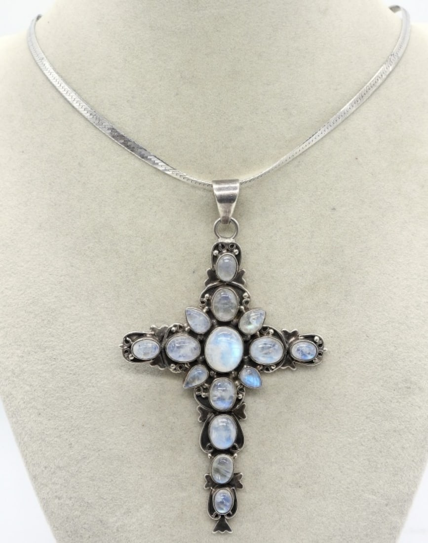Large Sterling Moonstone Cross Necklace (1 of 2)