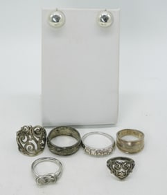 6 Sterling Rings, 1 Pair 925 Stud Earrings