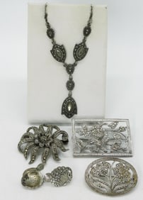 Sterling Marcasite Pins, Necklace, Earrings