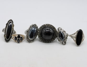 6 Rings with Onyx & Hematite, Sterling