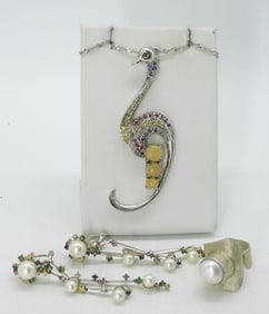 Sterling Peacock Necklace, Earrings & Ring
