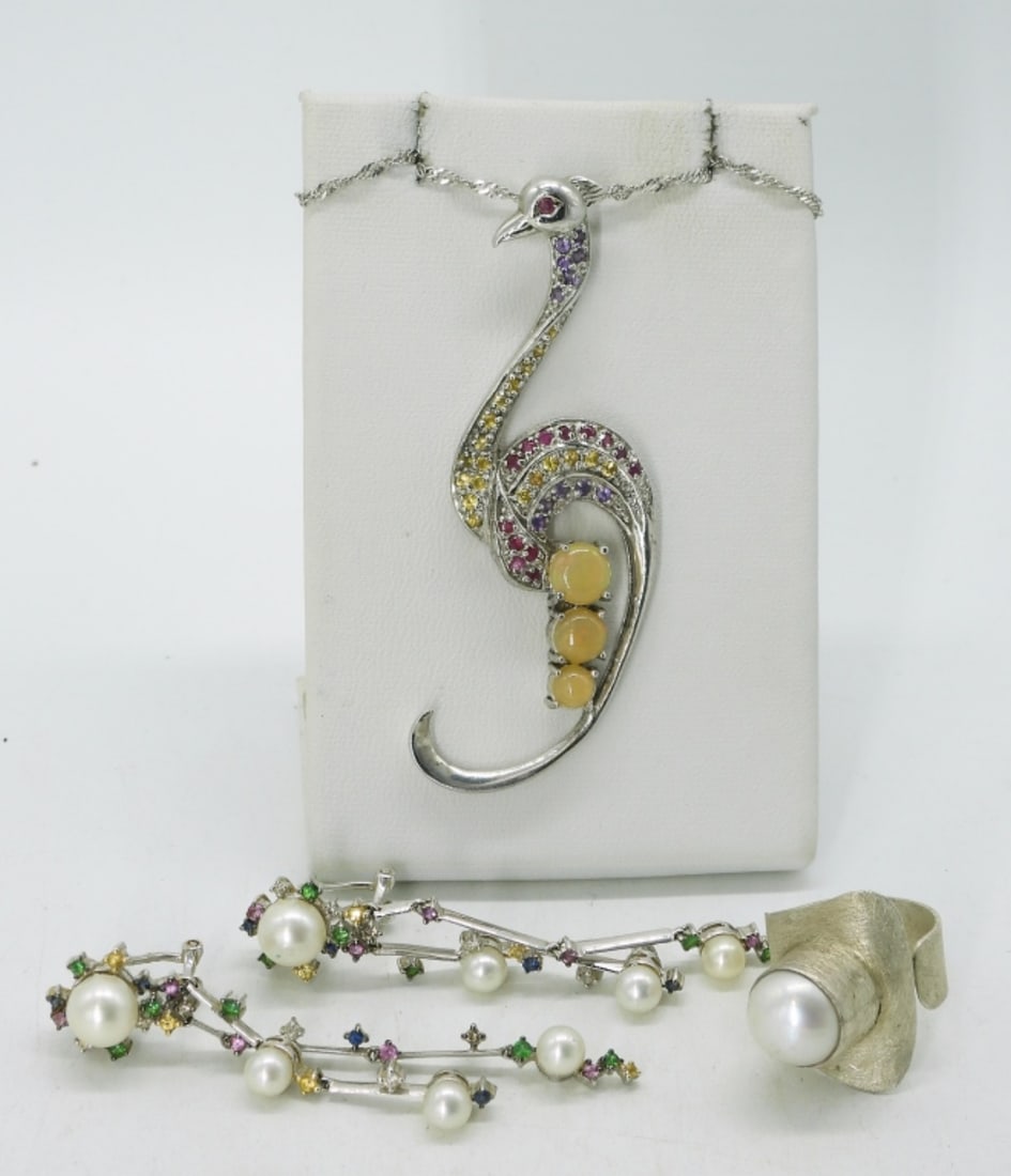 Sterling Peacock Necklace, Earrings & Ring (1 of 4)