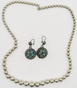 Sterling Graduated Bead Necklace / Earrings