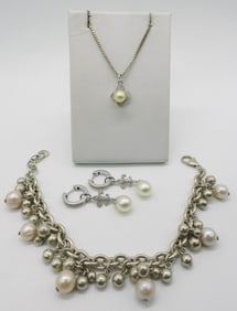 Sterling Pearl Bracelet, Necklace & Earrings