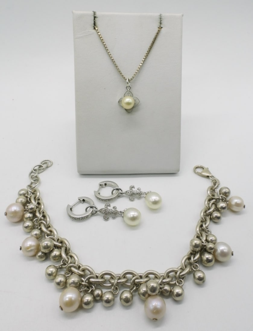 Sterling Pearl Bracelet, Necklace & Earrings (1 of 1)