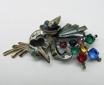 Art Deco Sterling Colored Rhinestone Brooch