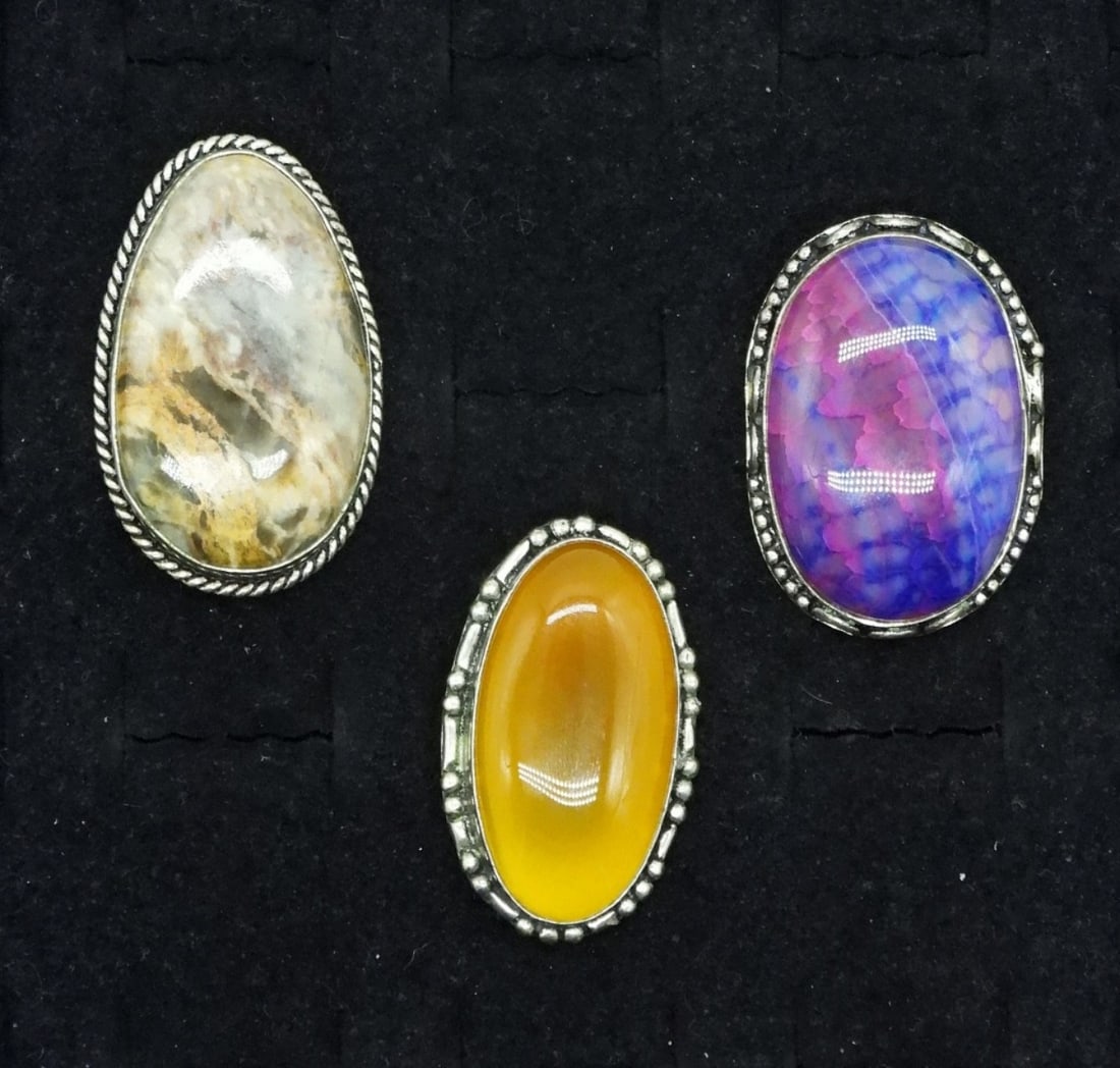 3 Chunky Agate & Jasper Sterling Rings (1 of 3)