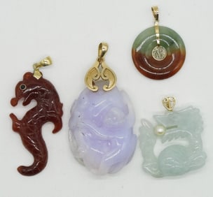 4 Colored Jade Pendants, 14k Accents