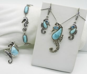 4 Piece 925 Larimar Seahorse Set