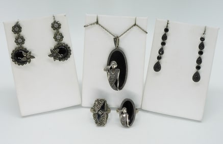 Art Deco Sterling Black Onyx Jewelry Set